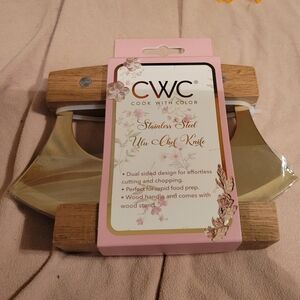 Cwc stainless steel ulu cheif knife gold/ brass with stand New